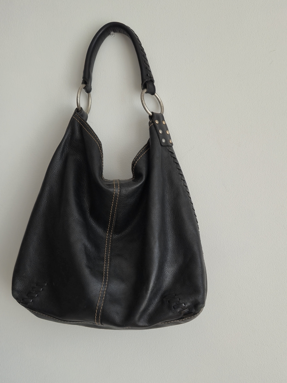 Lucky Brand Black Leather Whipstitch Boho Sloushy Hobo Shoulder Bag
